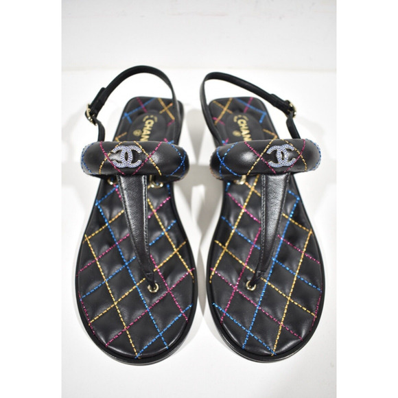 Chanel 21K Black Multicolor Leather CC Logo Mule Slide Flat Thong Sandal 37.5 - Picture 7 of 11